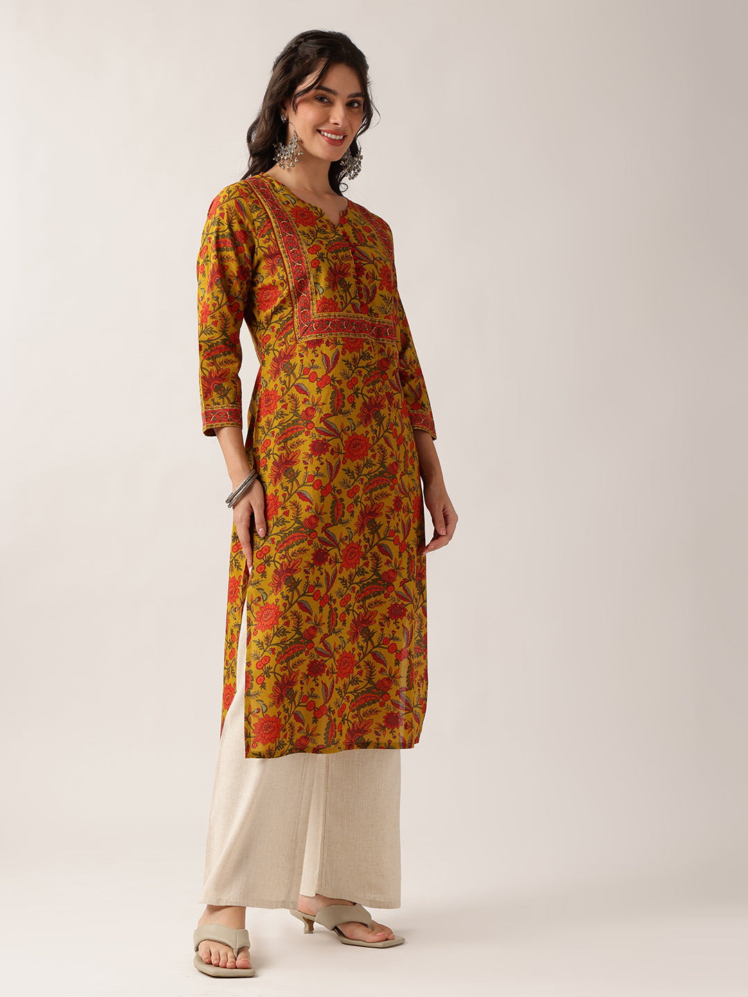 Yellow Floral Straight Cotton Kurta