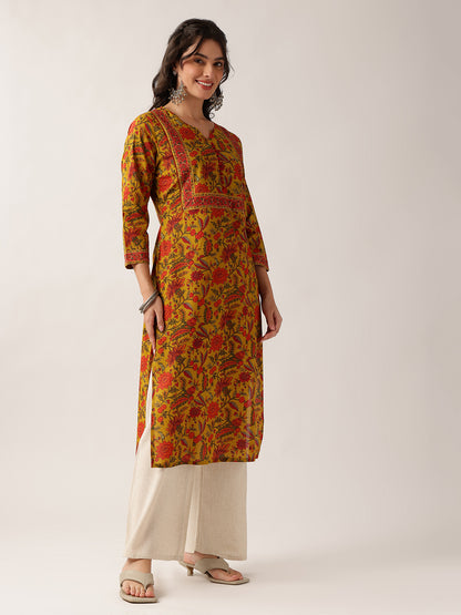Yellow Floral Straight Cotton Kurta
