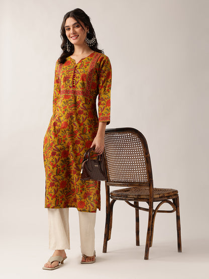 Yellow Floral Straight Cotton Kurta