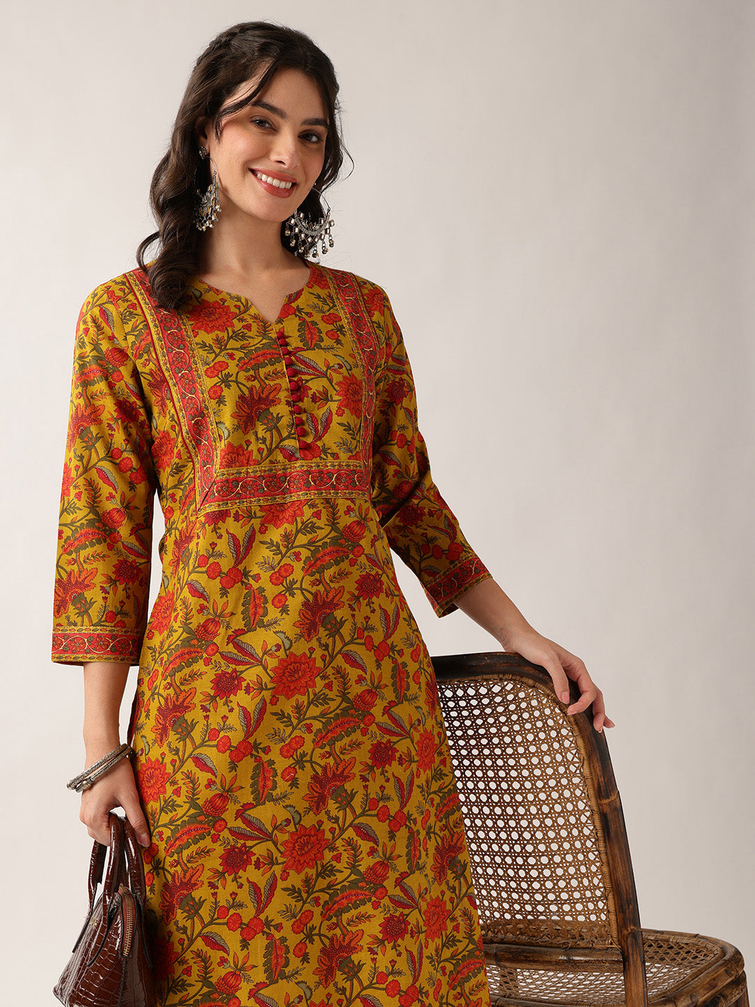 Yellow Floral Straight Cotton Kurta