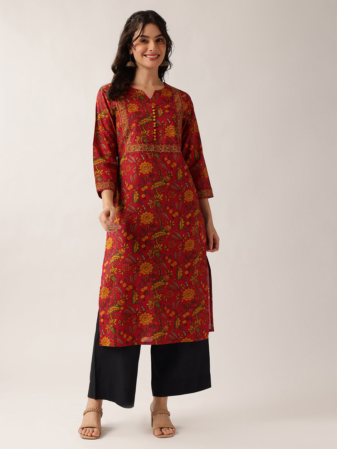 Maroon Floral Straight Cotton Kurta