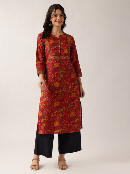 Maroon Floral Straight Cotton Kurta