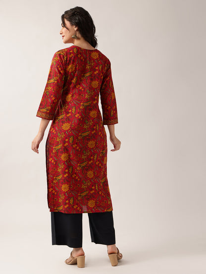 Maroon Floral Straight Cotton Kurta