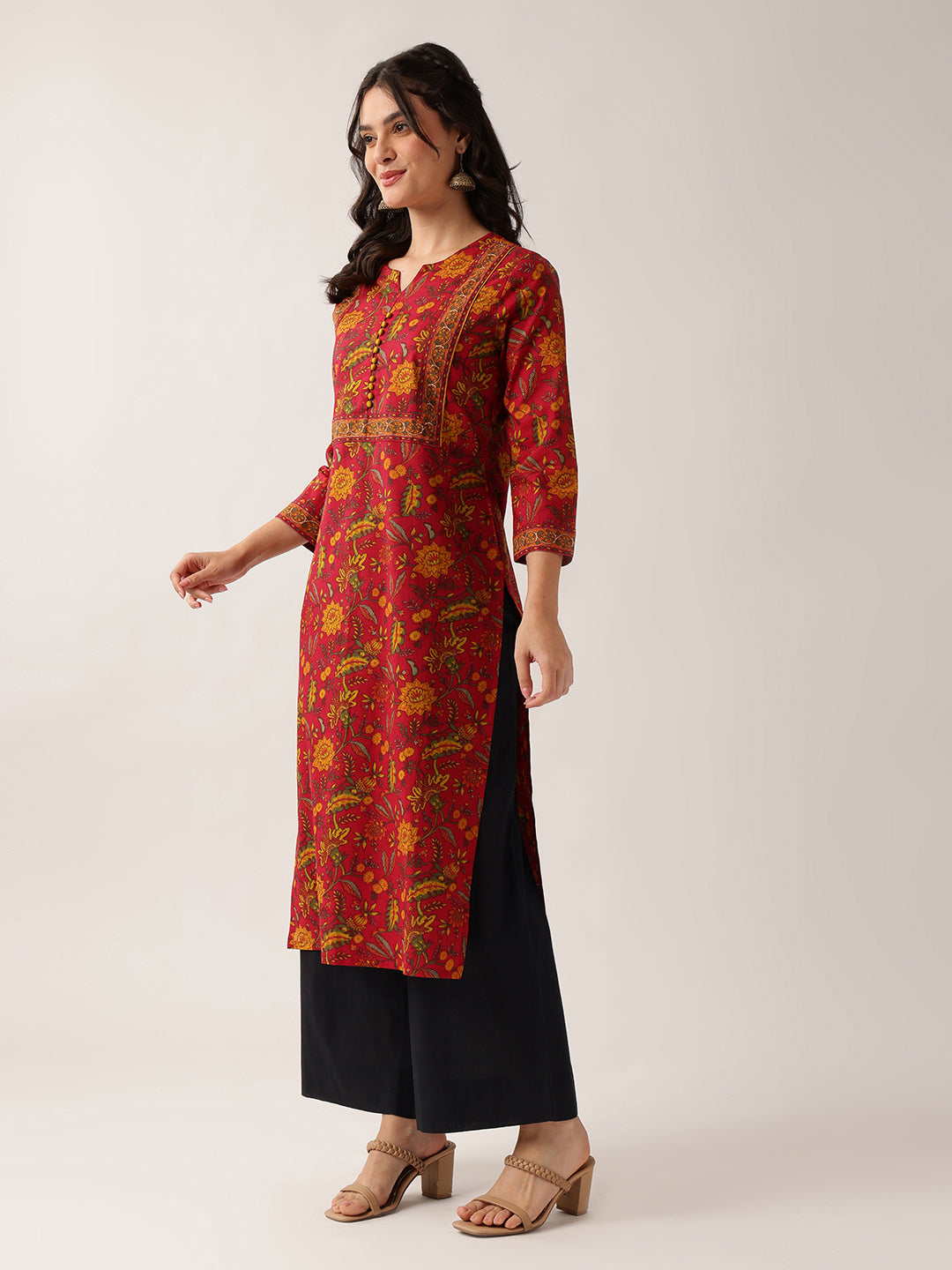 Maroon Floral Straight Cotton Kurta