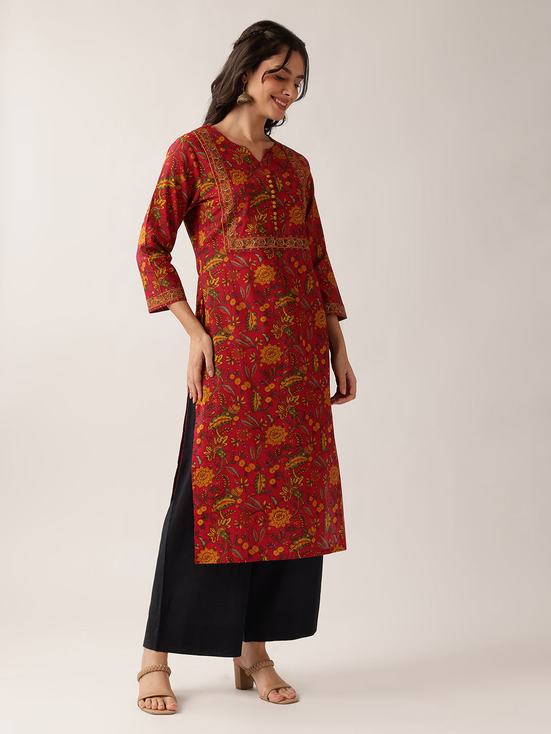 Maroon Floral Straight Cotton Kurta