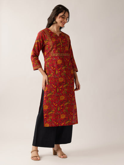 Maroon Floral Straight Cotton Kurta