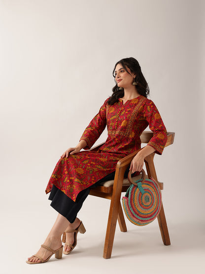 Maroon Floral Straight Cotton Kurta