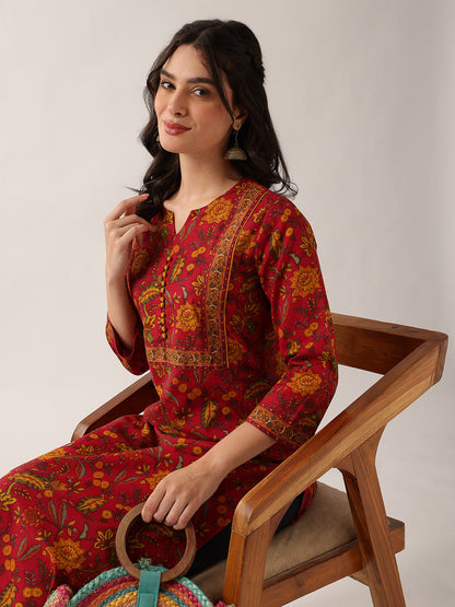 Maroon Floral Straight Cotton Kurta