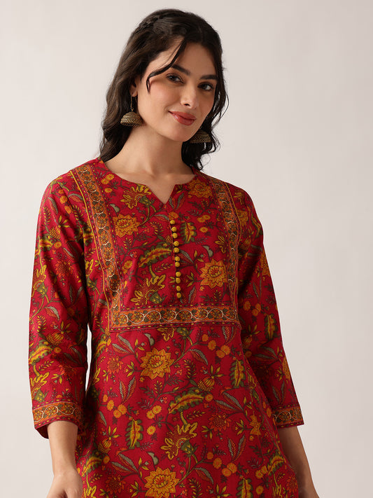Maroon Floral Straight Cotton Kurta
