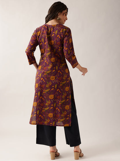Purple Floral Straight Cotton Kurta