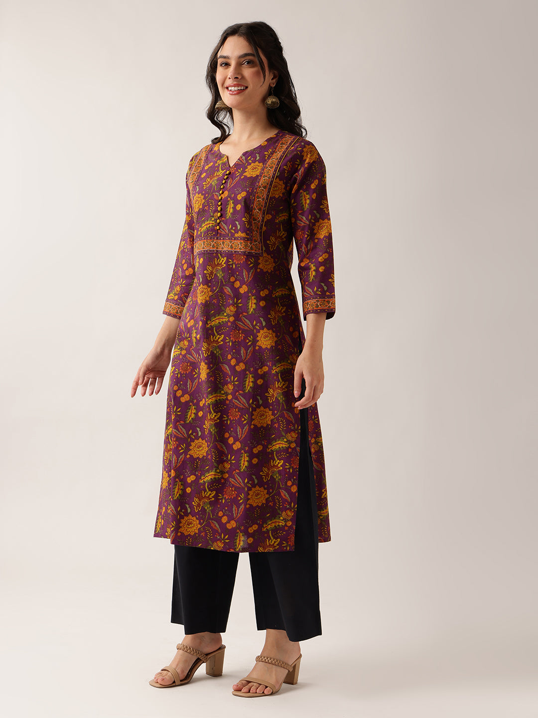 Purple Floral Straight Cotton Kurta