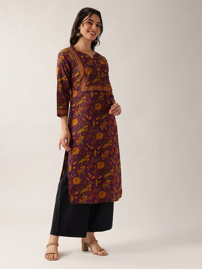Purple Floral Straight Cotton Kurta
