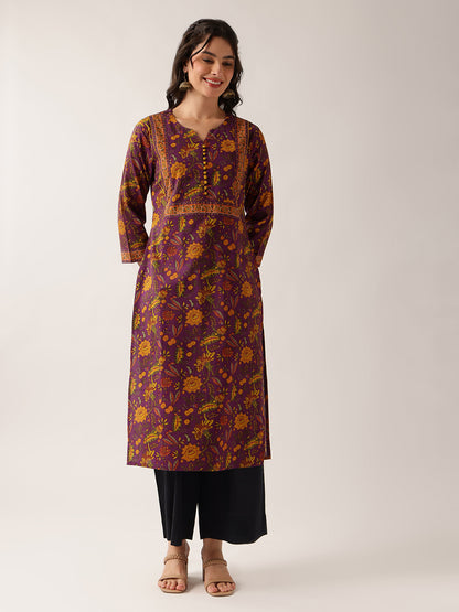 Purple Floral Straight Cotton Kurta