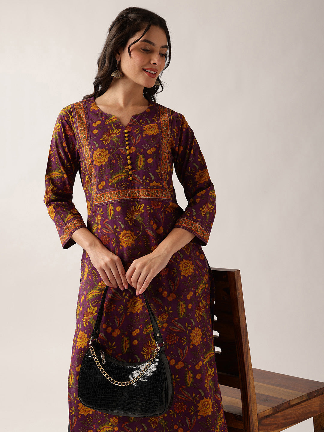 Purple Floral Straight Cotton Kurta
