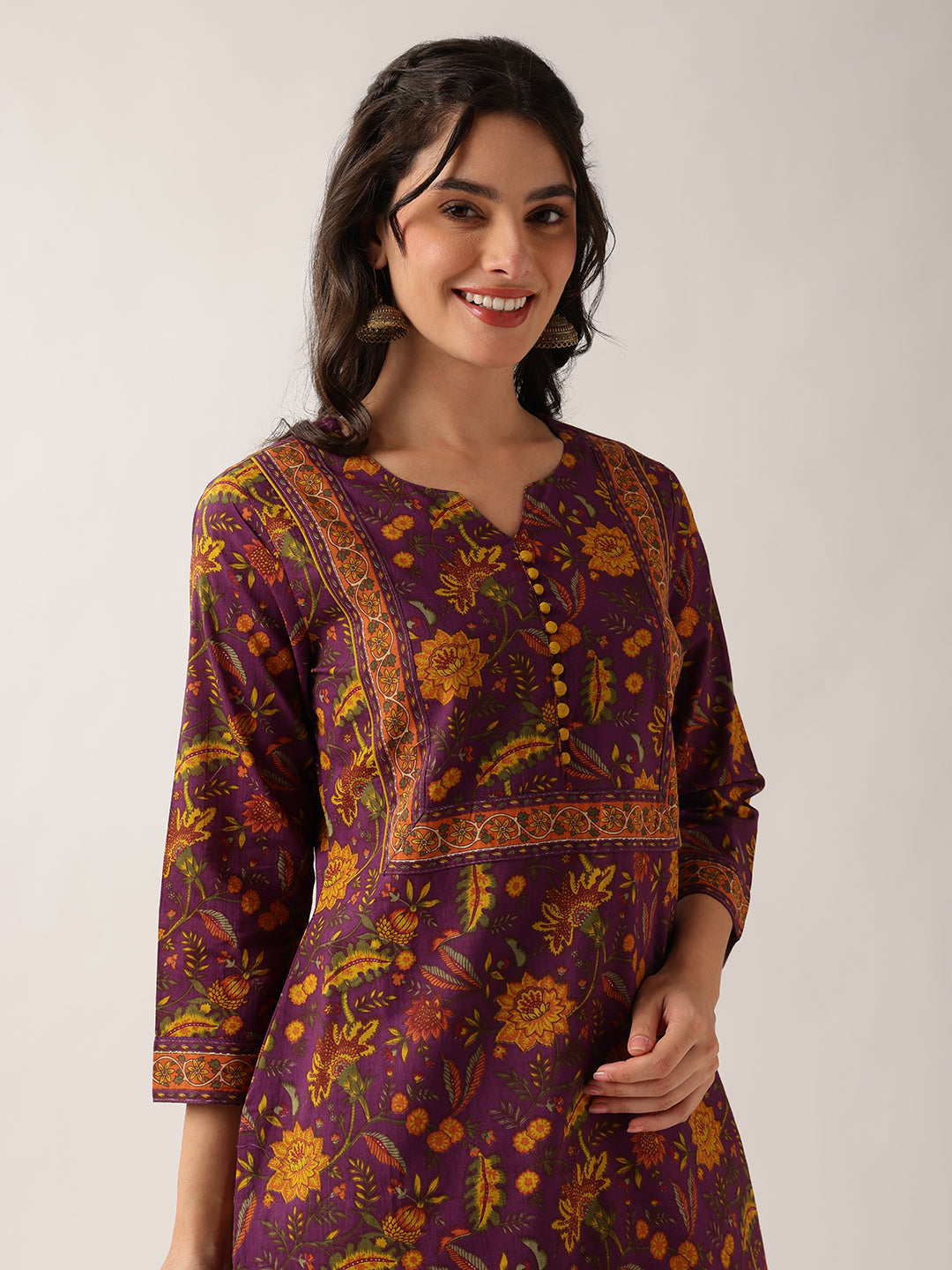 Purple Floral Straight Cotton Kurta