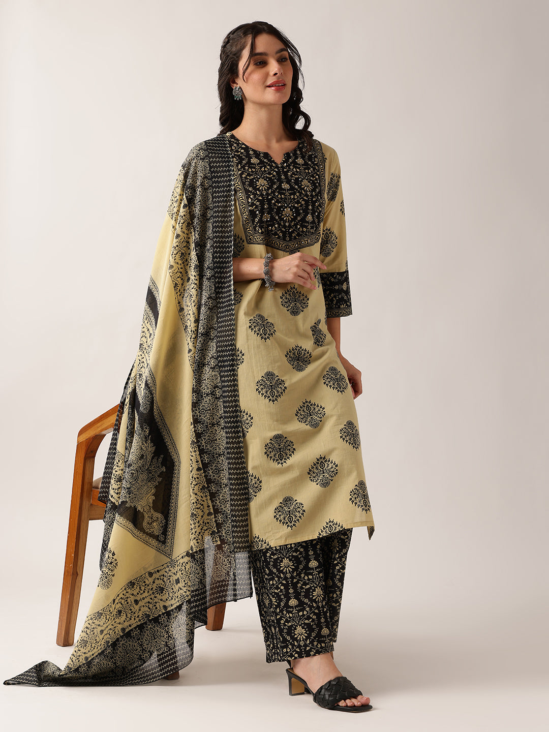 Black Floral Straight Cotton Kurta, Palazzo With Dupatta