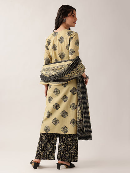 Black Floral Straight Cotton Kurta, Palazzo With Dupatta