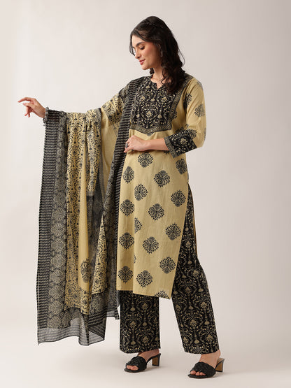 Black Floral Straight Cotton Kurta, Palazzo With Dupatta