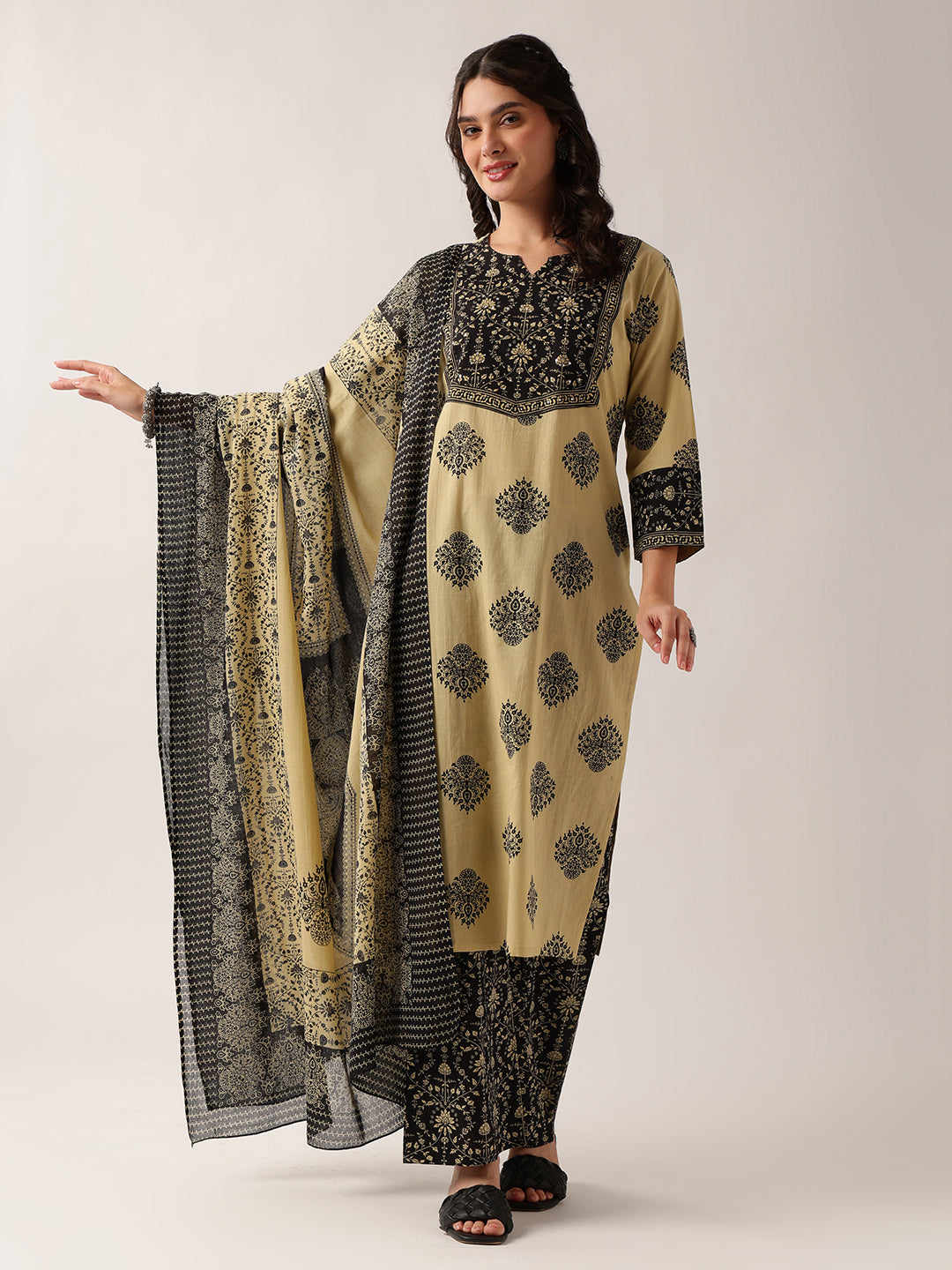 Black Floral Straight Cotton Kurta, Palazzo With Dupatta