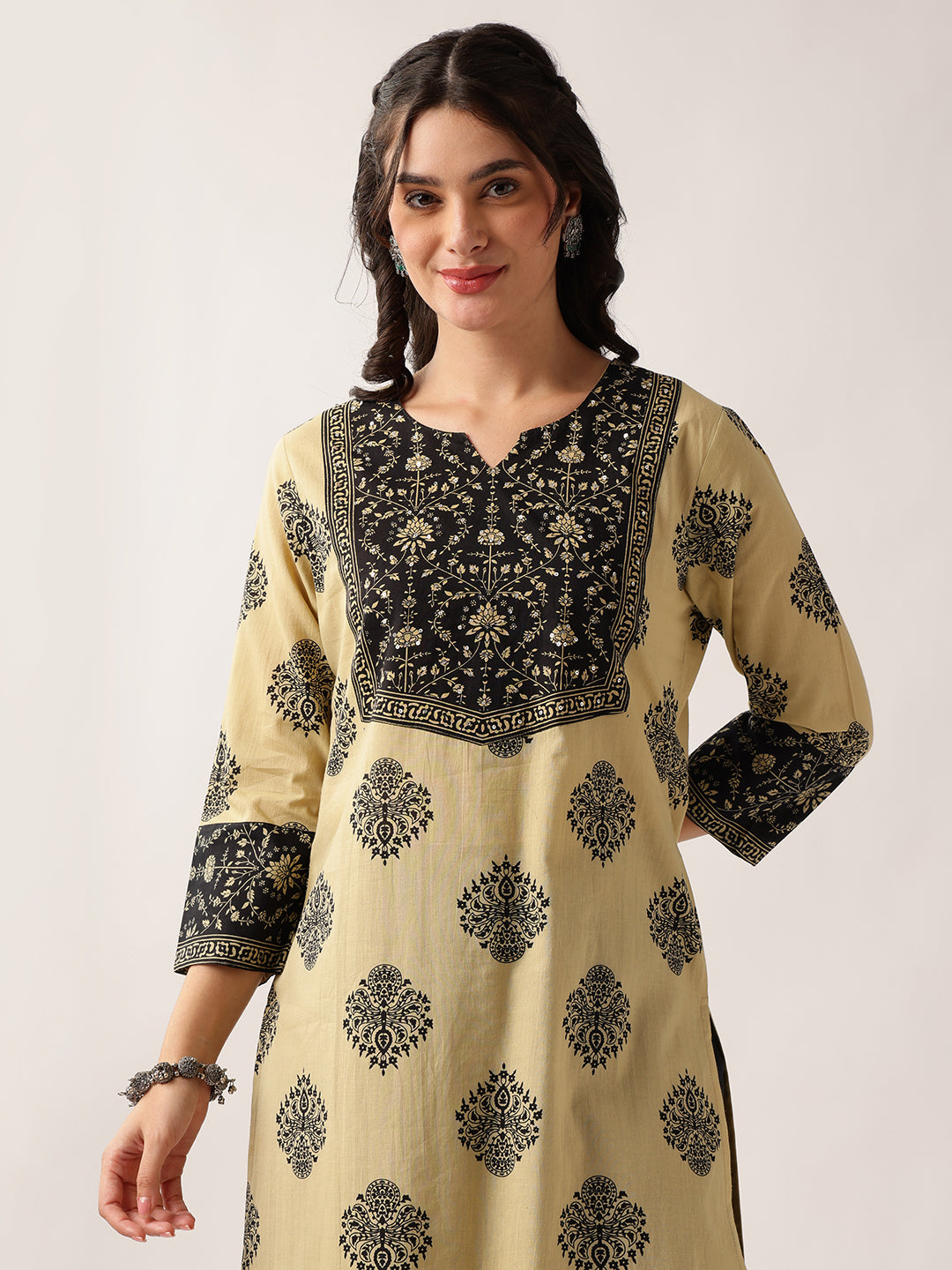 Black Floral Straight Cotton Kurta, Palazzo With Dupatta