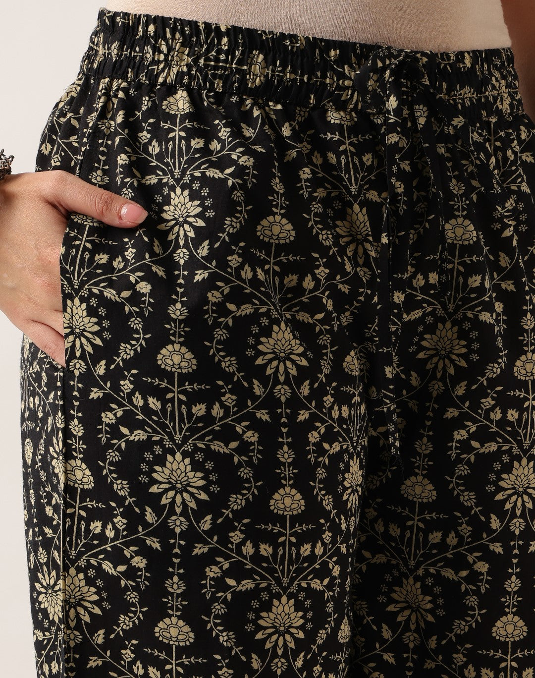Black Floral Straight Cotton Kurta, Palazzo With Dupatta