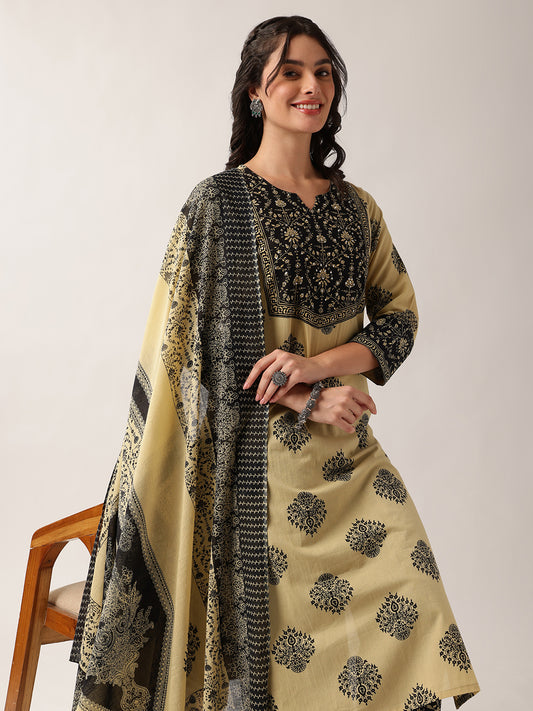 Black Floral Straight Cotton Kurta, Palazzo With Dupatta