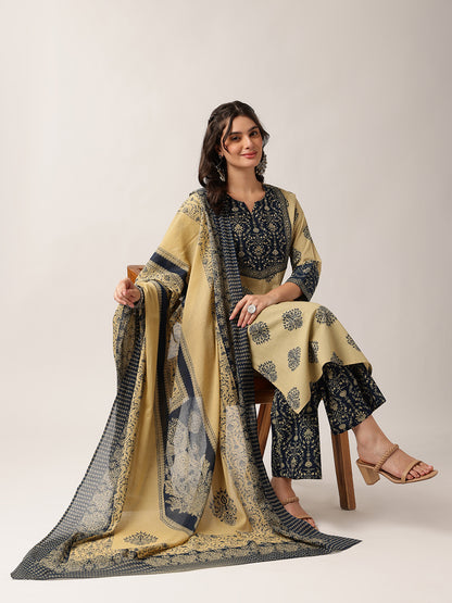 Navy Floral Straight Cotton Kurta, Palazzo With Dupatta