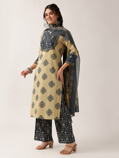 Navy Floral Straight Cotton Kurta, Palazzo With Dupatta