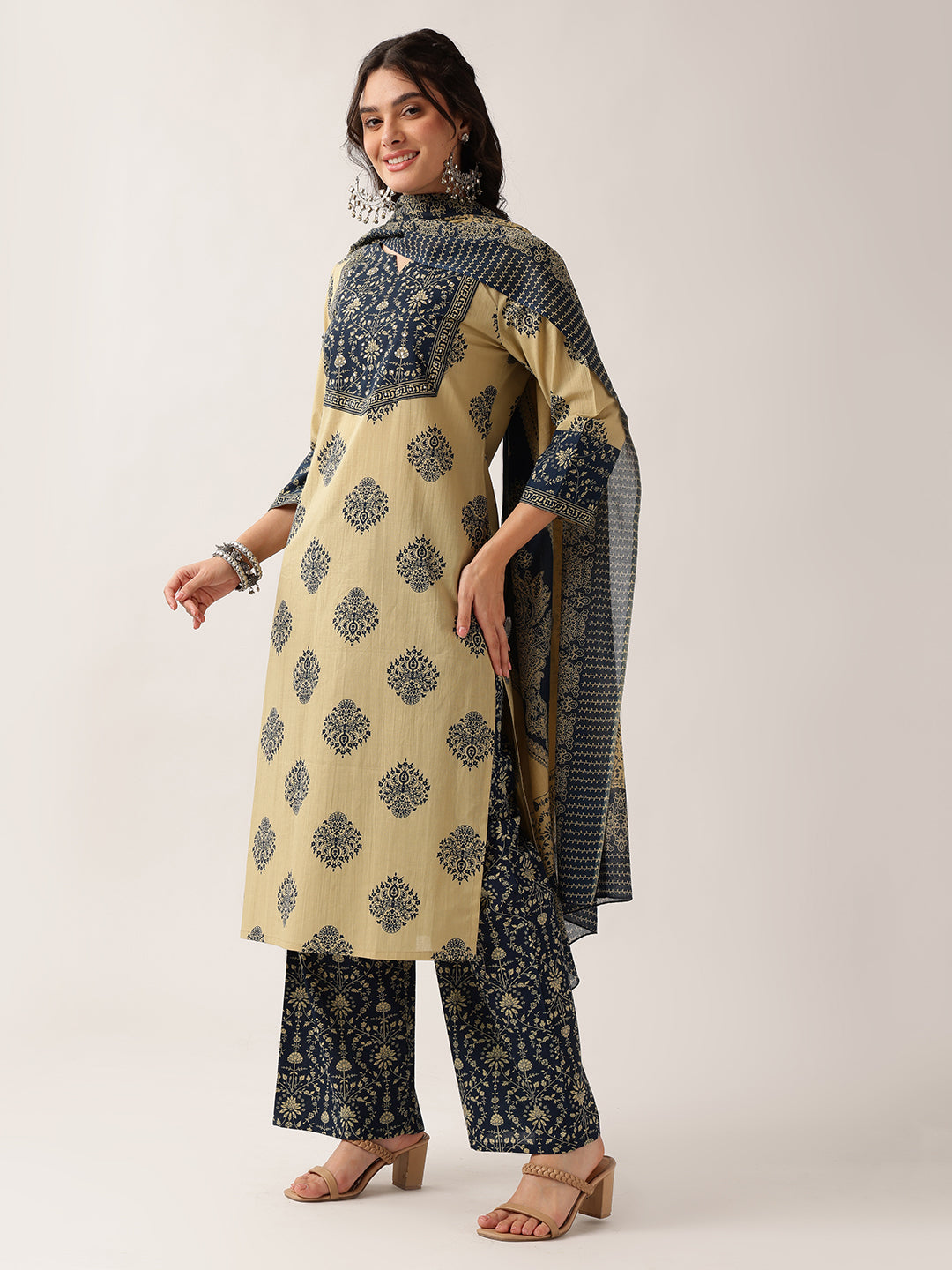 Navy Floral Straight Cotton Kurta, Palazzo With Dupatta