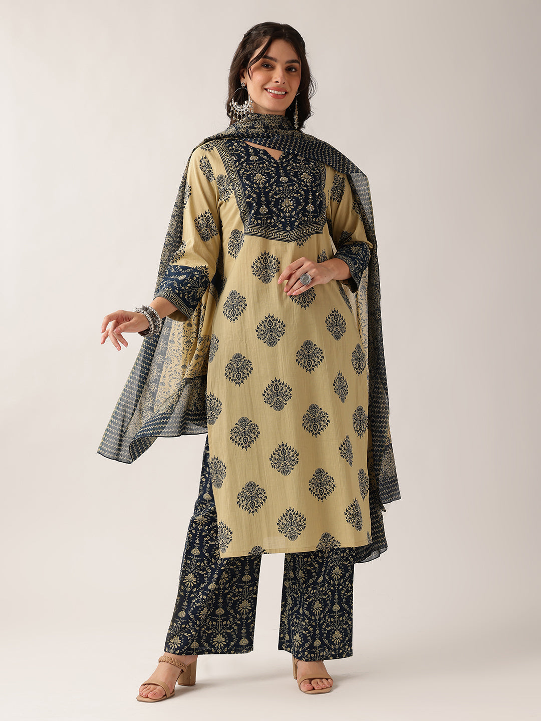 Navy Floral Straight Cotton Kurta, Palazzo With Dupatta