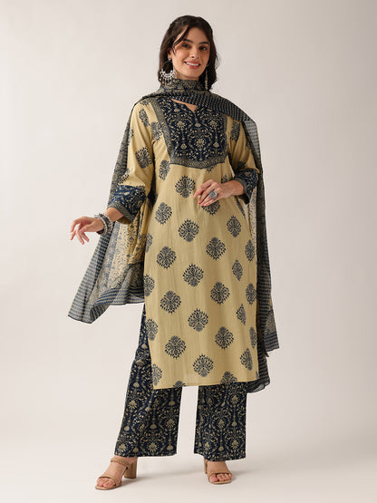 Navy Floral Straight Cotton Kurta, Palazzo With Dupatta