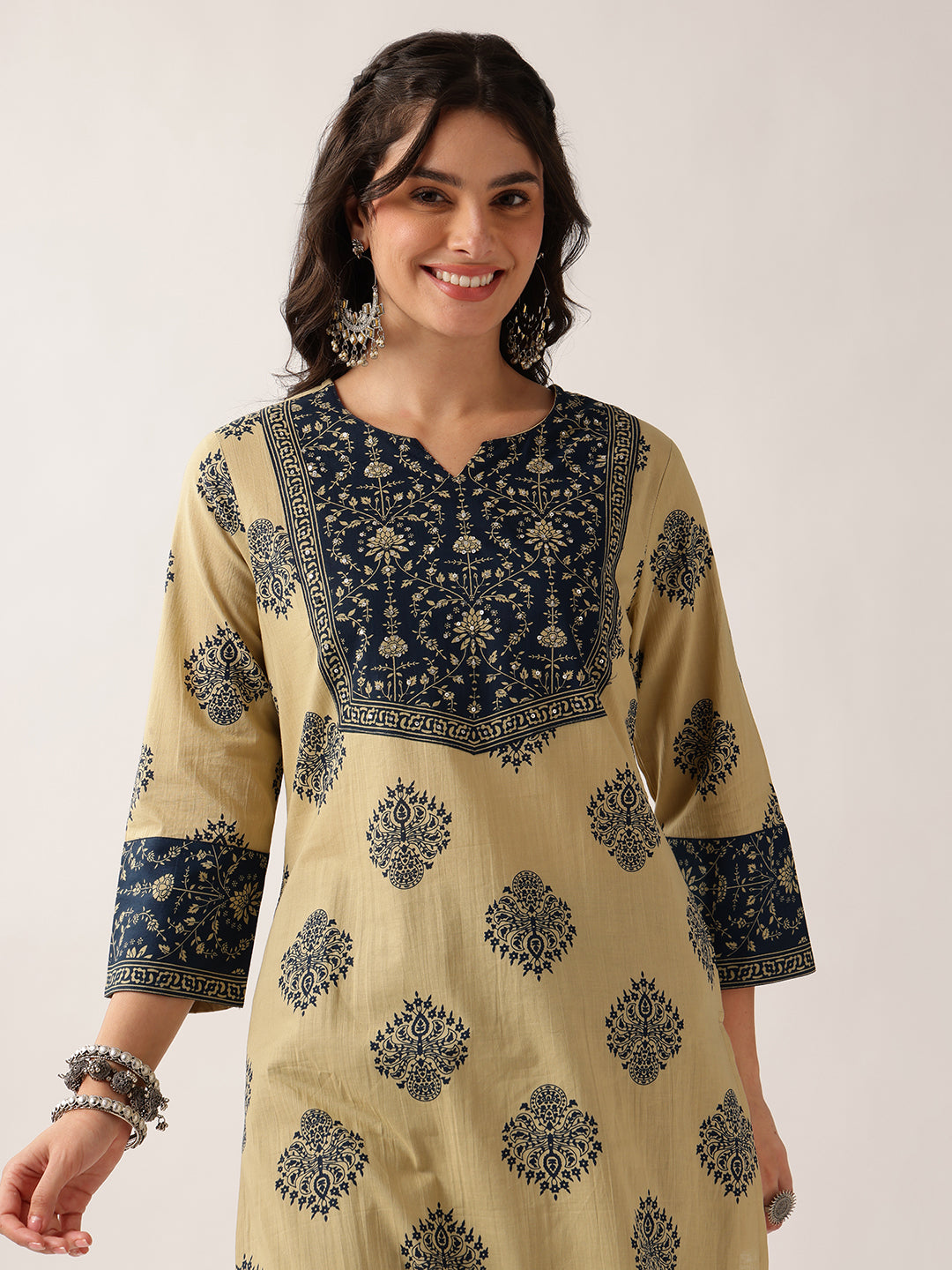 Navy Floral Straight Cotton Kurta, Palazzo With Dupatta