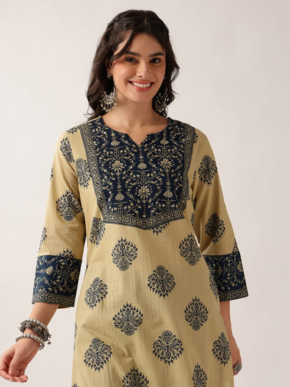 Navy Floral Straight Cotton Kurta, Palazzo With Dupatta