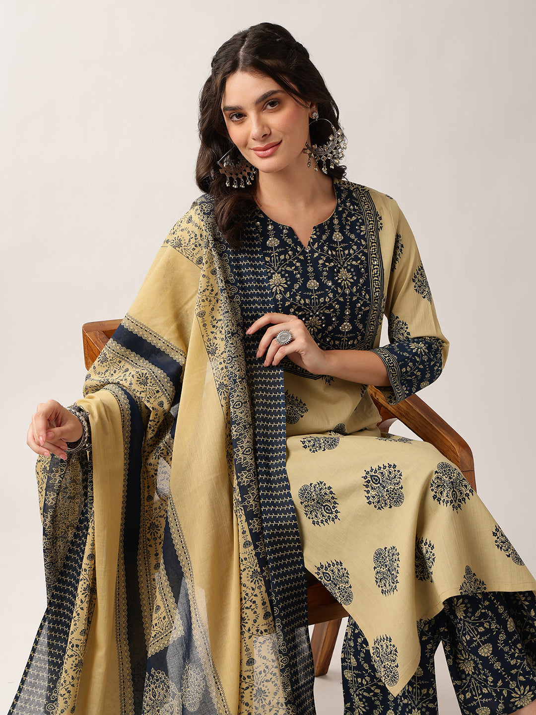 Navy Floral Straight Cotton Kurta, Palazzo With Dupatta