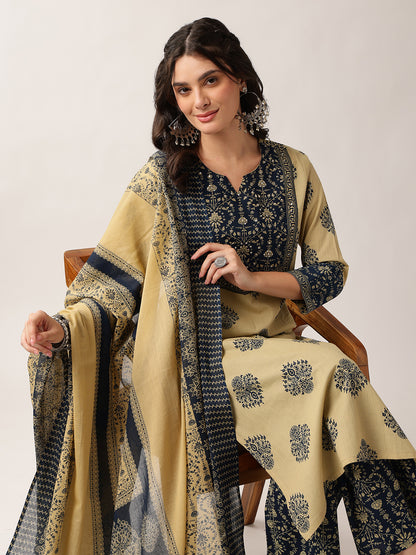 Navy Floral Straight Cotton Kurta, Palazzo With Dupatta