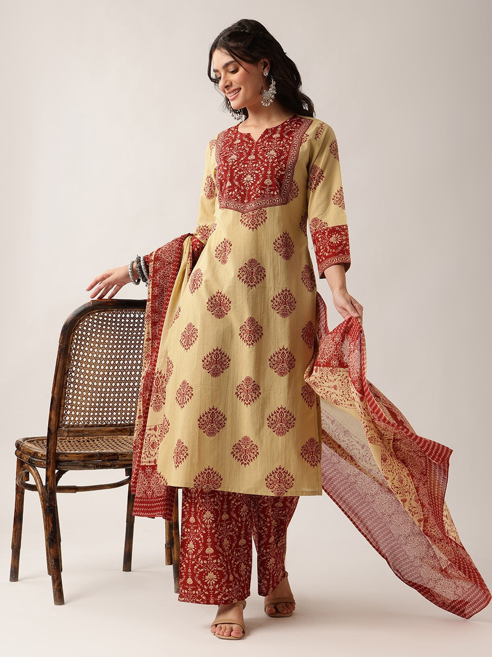 Red Floral Straight Cotton Kurta, Palazzo With Dupatta