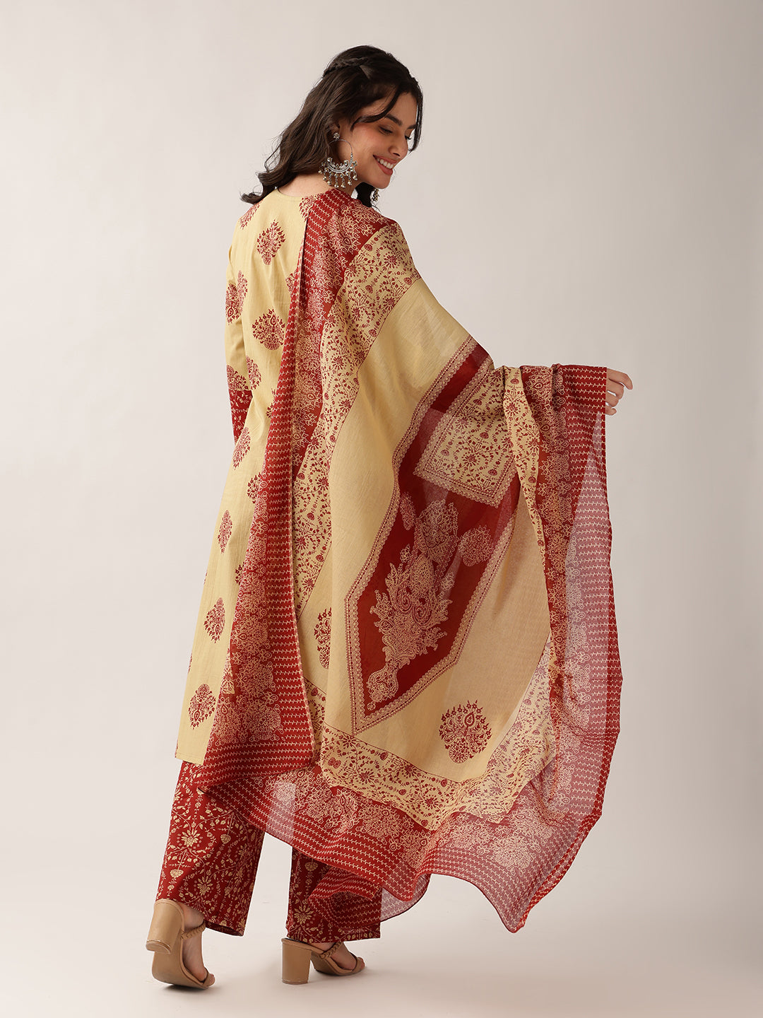 Red Floral Straight Cotton Kurta, Palazzo With Dupatta