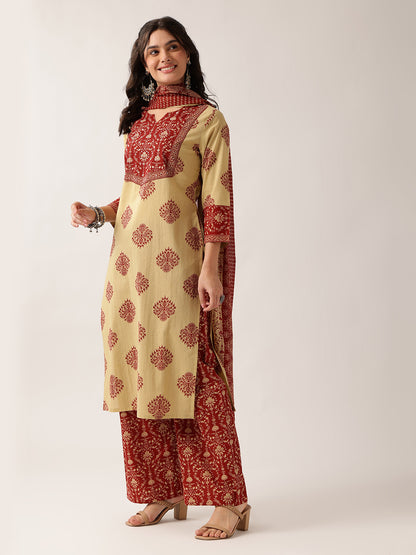 Red Floral Straight Cotton Kurta, Palazzo With Dupatta