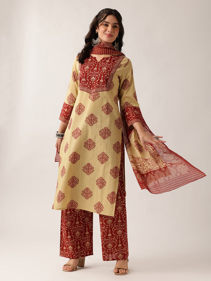 Red Floral Straight Cotton Kurta, Palazzo With Dupatta