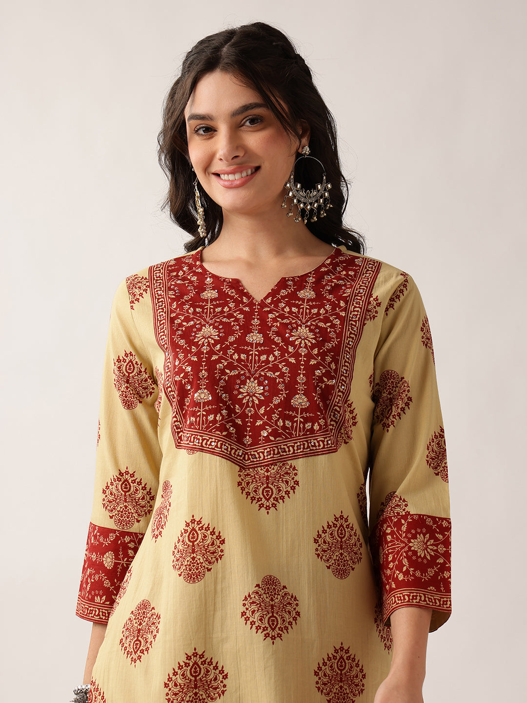 Red Floral Straight Cotton Kurta, Palazzo With Dupatta