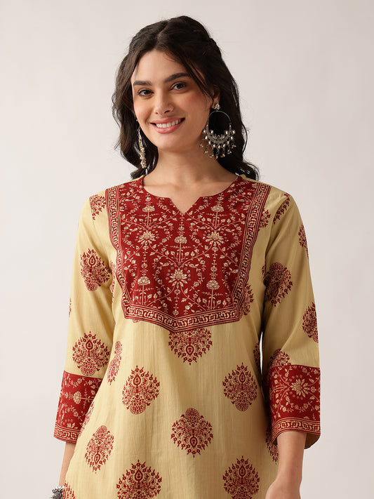 Red Floral Straight Cotton Kurta, Palazzo With Dupatta