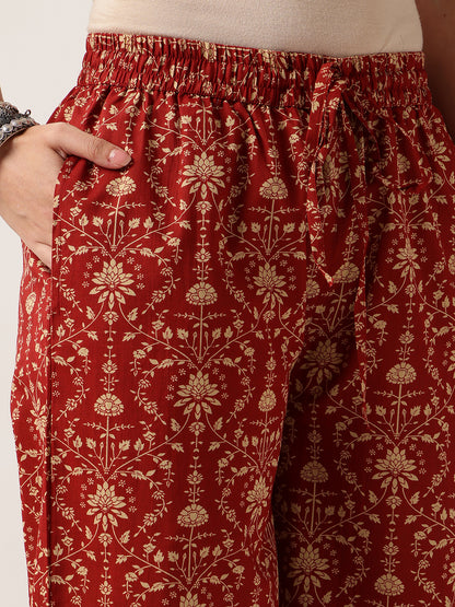 Red Floral Straight Cotton Kurta, Palazzo With Dupatta