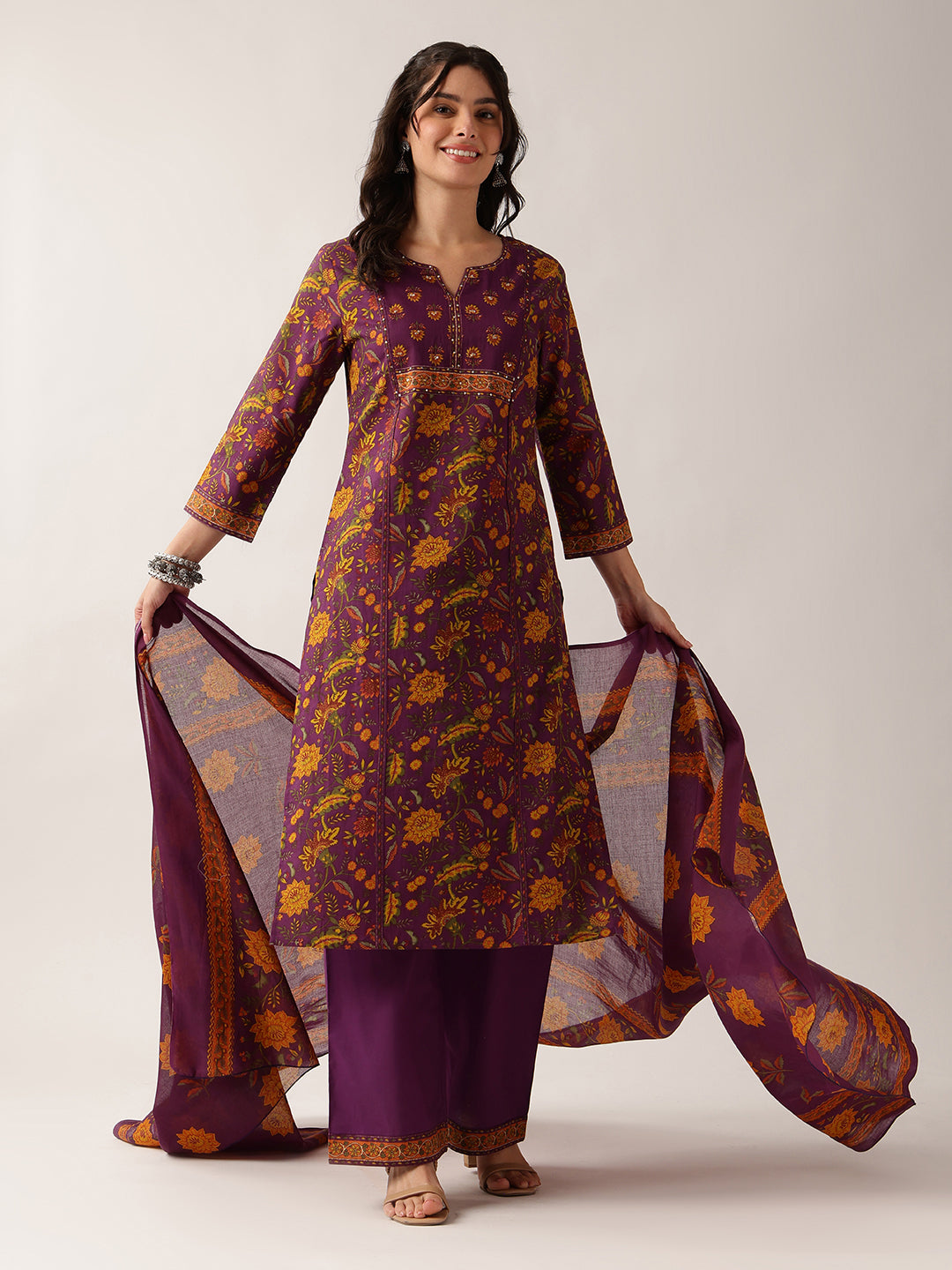 Purple Floral Straight Cotton Kurta Palazzo And Dupatta