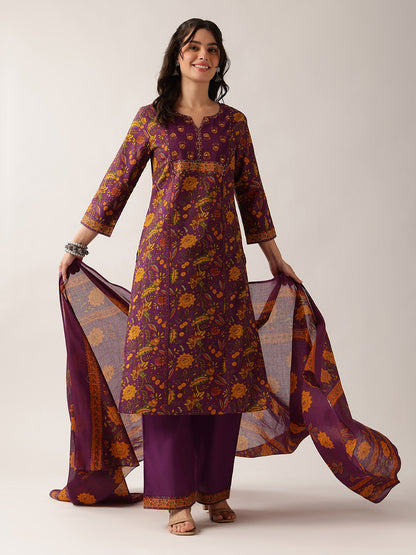 Purple Floral Straight Cotton Kurta Palazzo And Dupatta