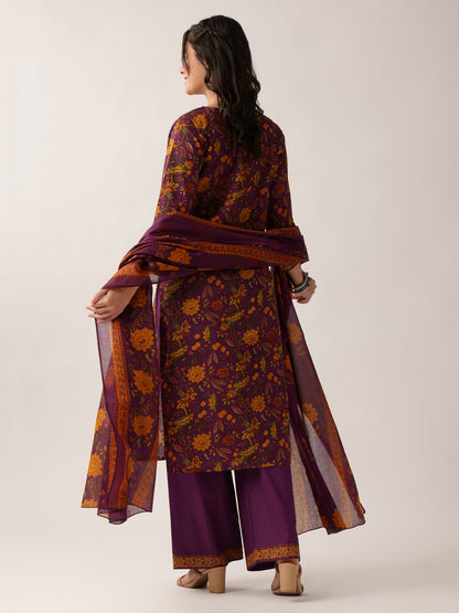 Purple Floral Straight Cotton Kurta Palazzo And Dupatta