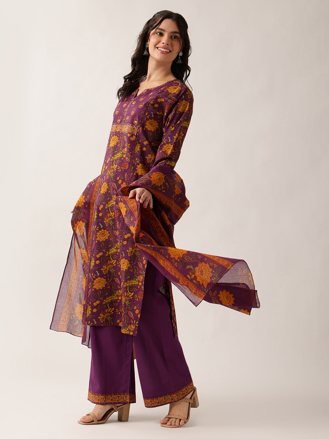 Purple Floral Straight Cotton Kurta Palazzo And Dupatta