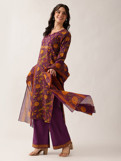 Purple Floral Straight Cotton Kurta Palazzo And Dupatta