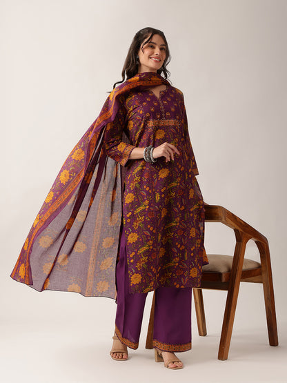 Purple Floral Straight Cotton Kurta Palazzo And Dupatta