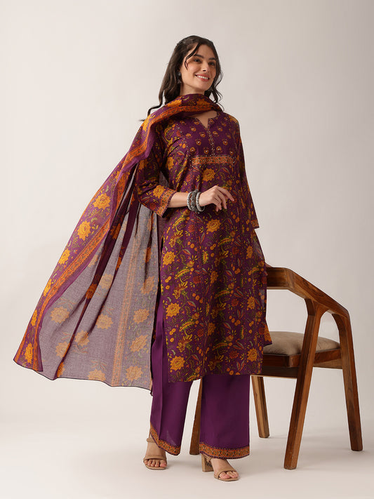 Purple Floral Straight Cotton Kurta Palazzo And Dupatta