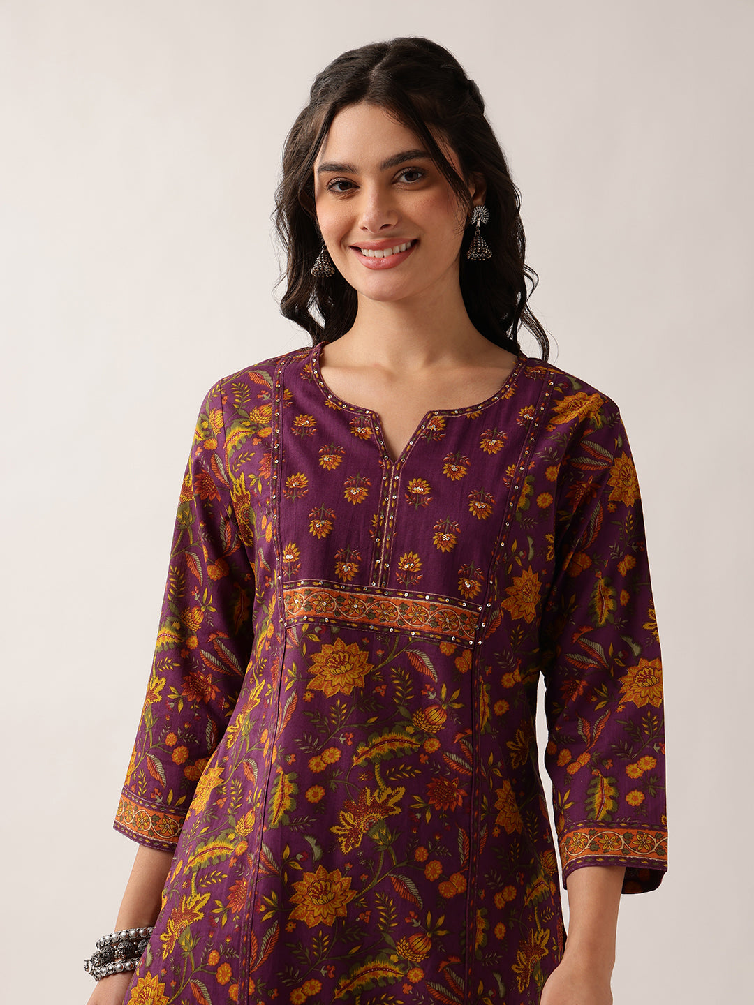 Purple Floral Straight Cotton Kurta Palazzo And Dupatta